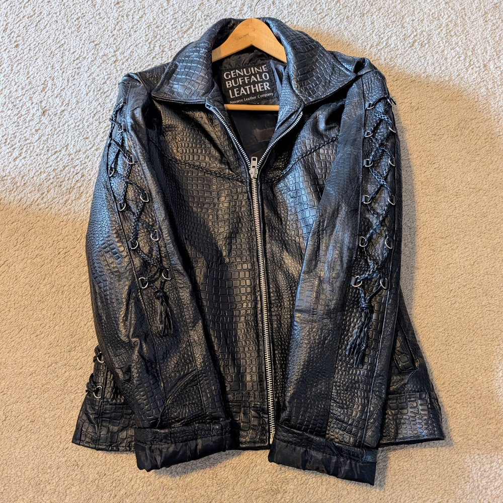 Genuine Buffalo Leather Black Jacket with Lace Detailing